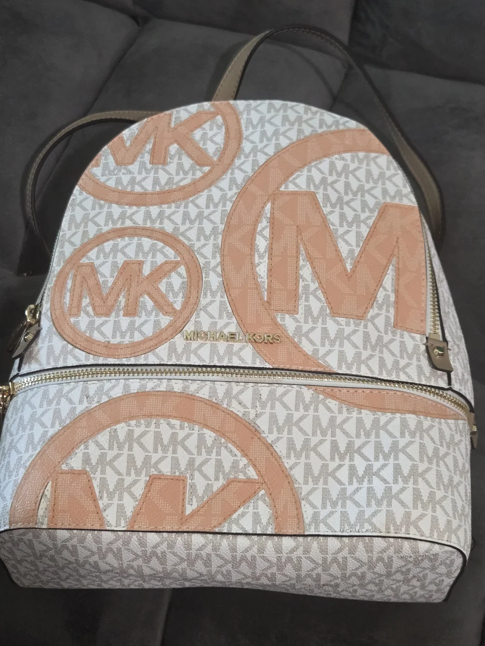 Michael Kors Rhea Zip Medium Backpack — Vanilla/Acorn MK Logo